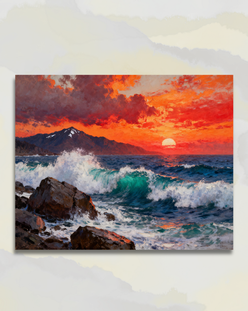 Coucher de Soleil Flamboyant sur la Mer Déchaînée