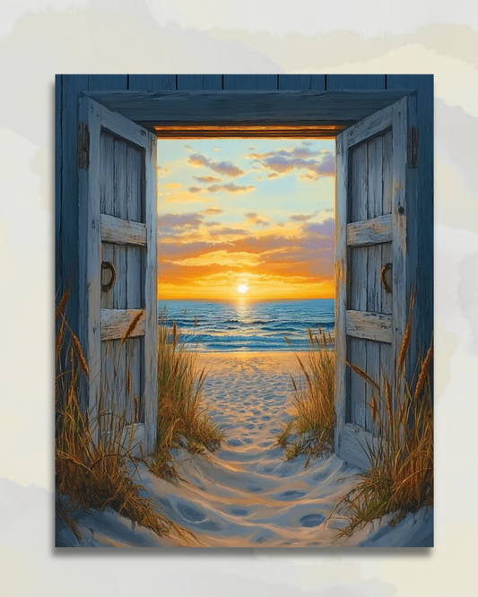Porte Ouverte sur le Coucher de Soleil à la Plage