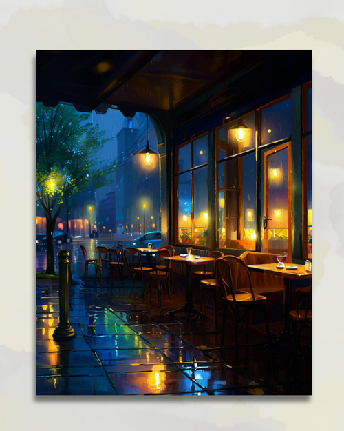 Terrasse de Café sous la Pluie Nocturne