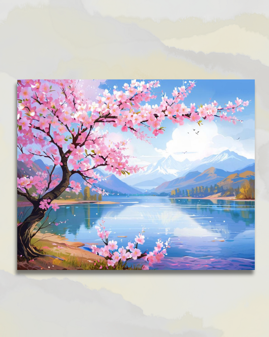 Cerisiers en Fleurs au Bord du Lac Alpin