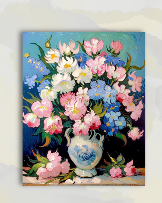 Bouquet de Pivoines et Fleurs Bleues dans un Vase en Porcelaine