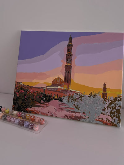 Une mosquée au soleil couchant, tableau terminé et ses pots de peinture